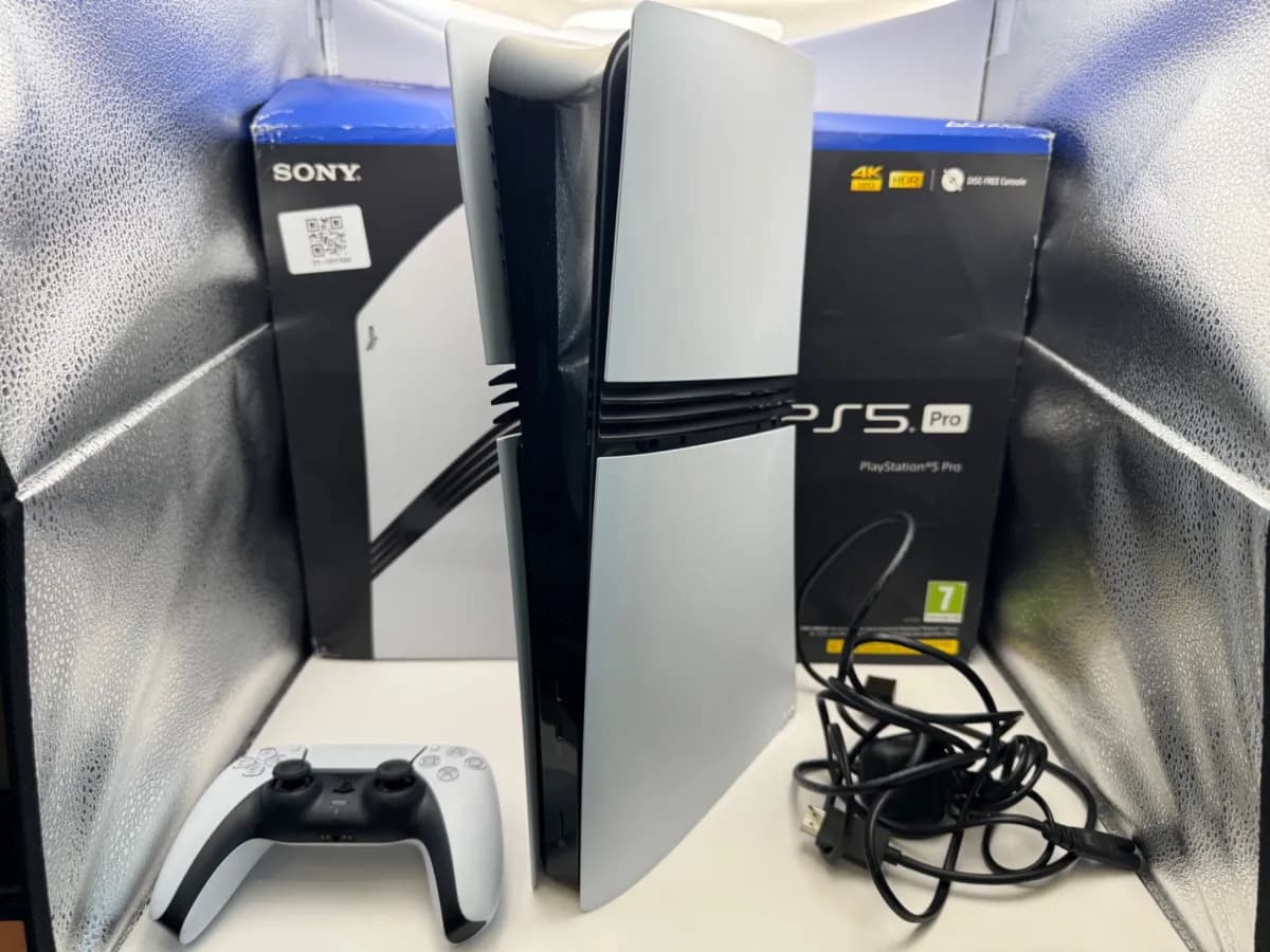 PS5 Pro with its three black stripes, standing upright