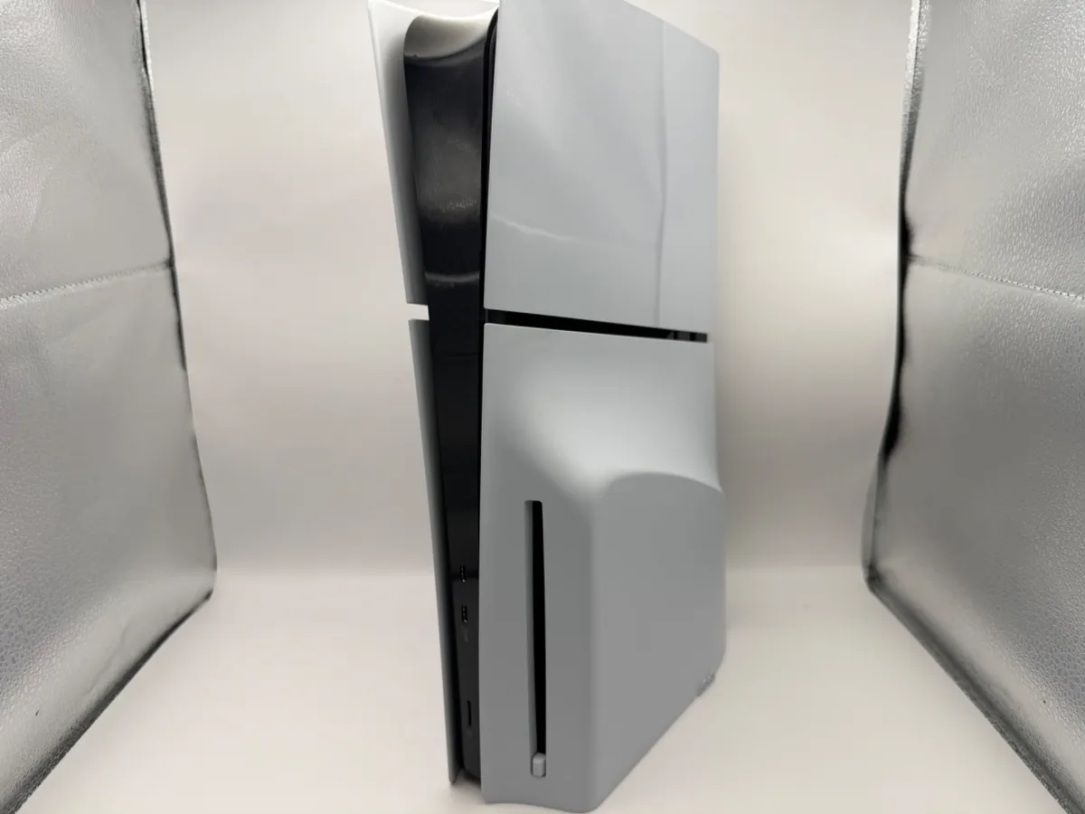 PS5 Slim with disc drive, standing upright